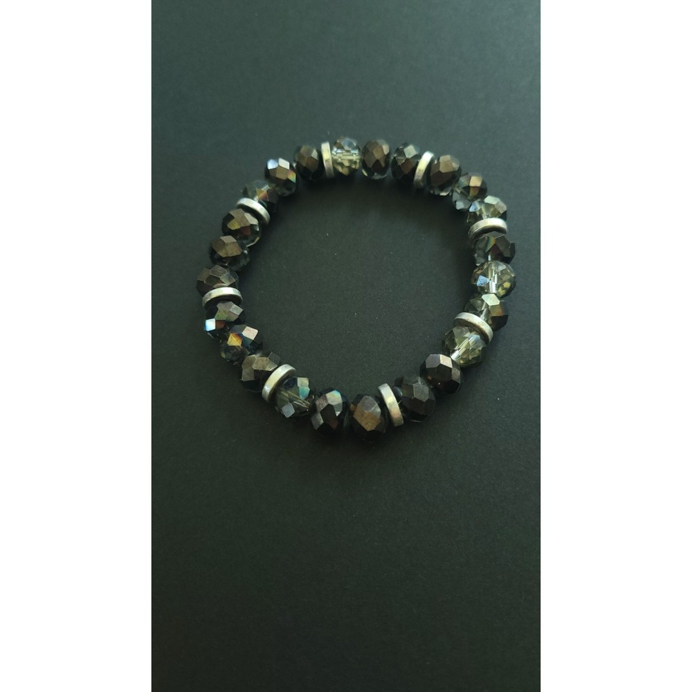 Black Faceted Crystal Stretch Bracelet Silver Tone Spacer Beads